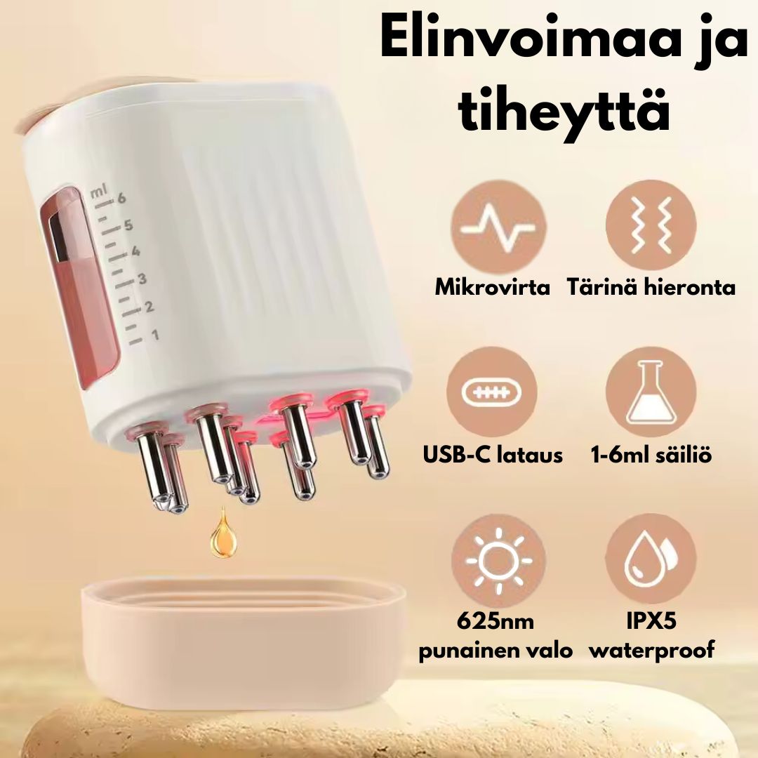 Tehokas päänahan hierontalaite, joka edistää hiusten kasvua ja poistaa kertymiä.