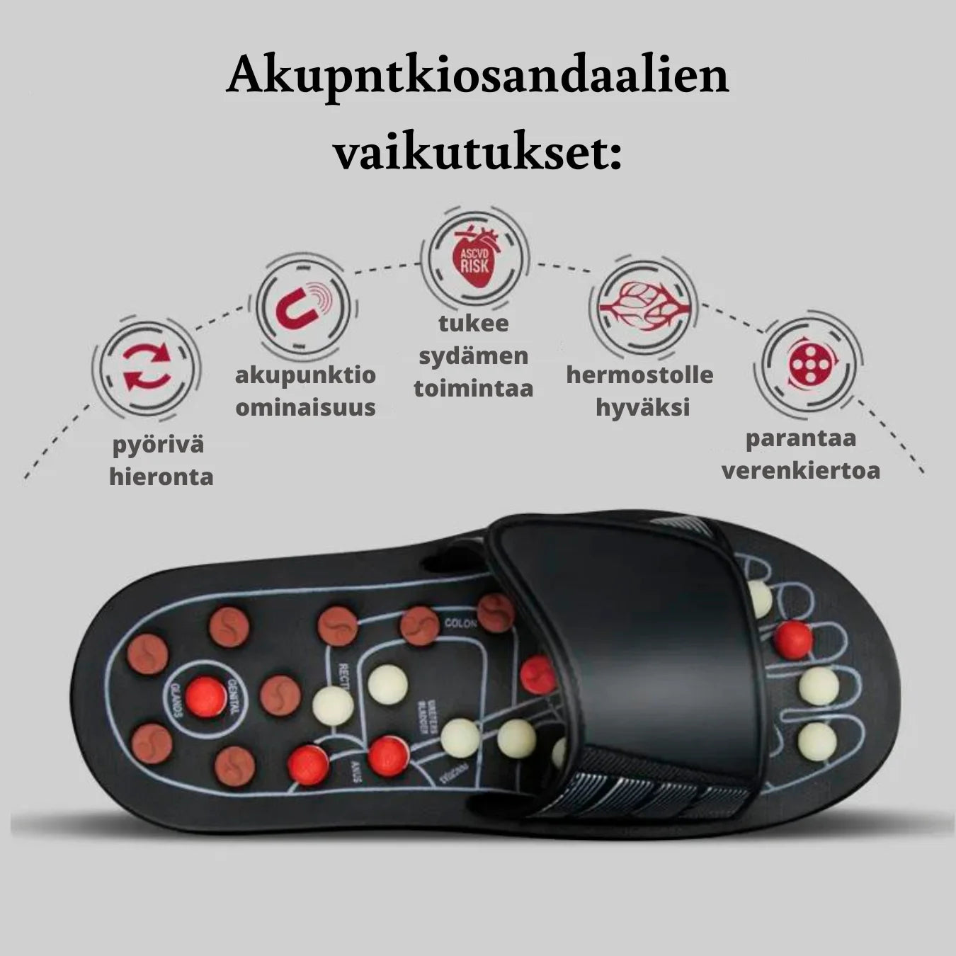 Jalkahierontasandaalit päivittäiseen käyttöön, lievittävät kipua ja jännitystä ja parantavat verenkiertoa.